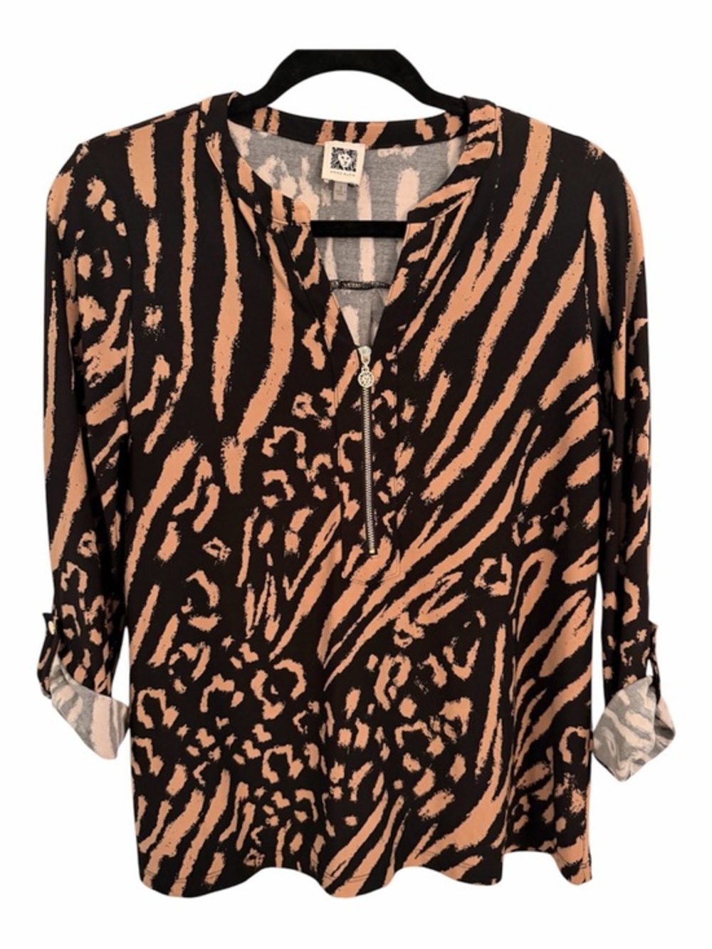 ANNE KLEIN S Elbow Tab Sleeved Half-Zip V-Neck Animal Print Top